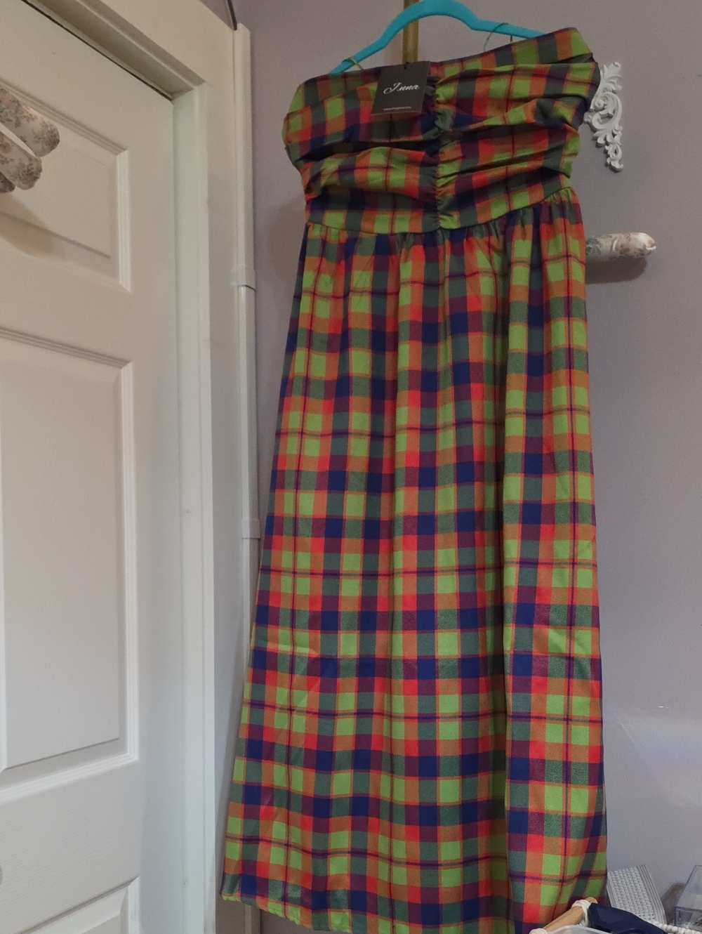 Jnna Strapless Plaid Maxi Dress in Green, Blue and Red. Holiday FALL Vibe Dress